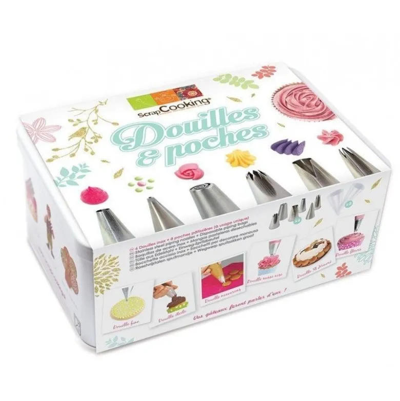 Boîte 6 douilles inox + 8 poches à douille - ScrapCooking