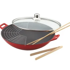 Wok fonte 36cm rouge + couvercle - Baumalu